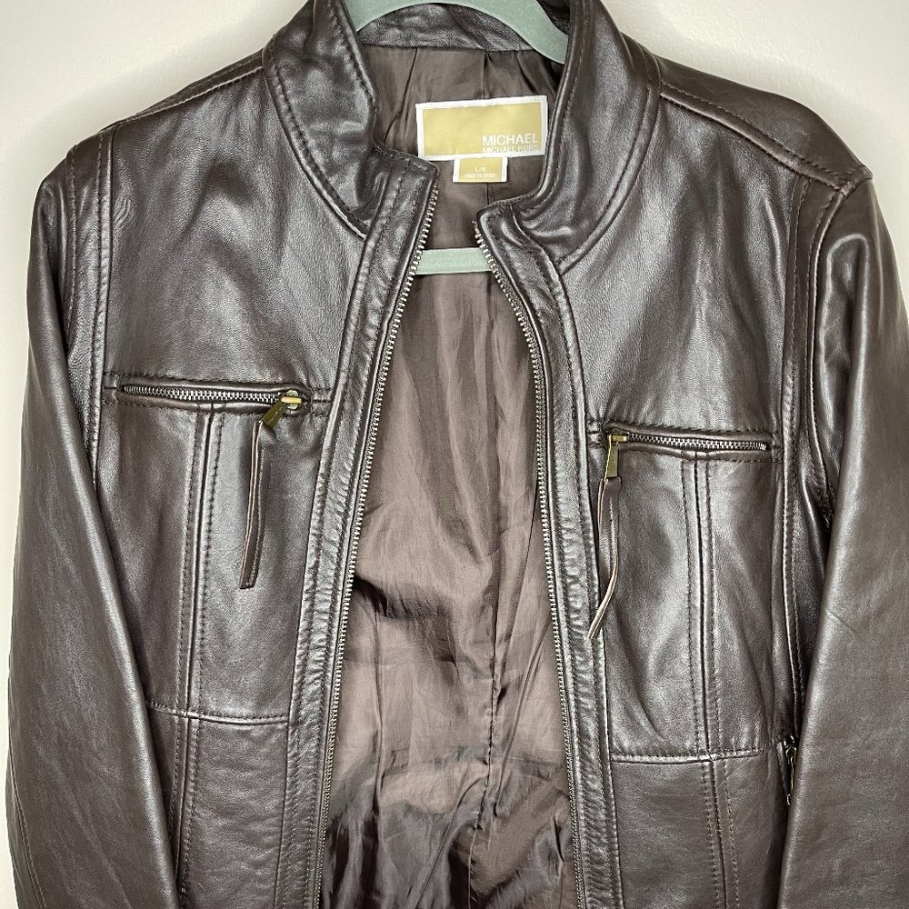 Michael Kors Brown Leather Jacket - Size Large: Elevate Your Style Game!